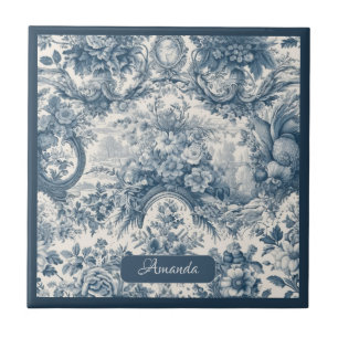 Vintage blommigt Blue toile de jouy monogram Kakelplatta