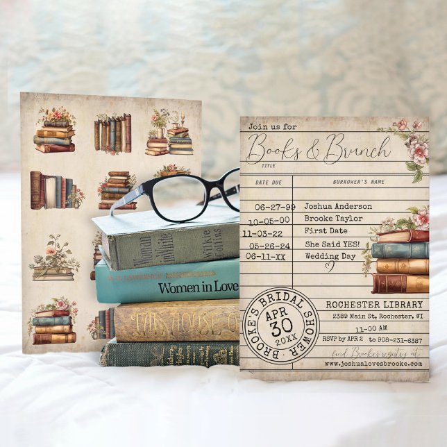 Vintage Blommigt Bokar & Brunch Möhippa Inbjudningar (Literary romance rustic vintage floral books & brunch bridal shower invitation, wedding timeline)