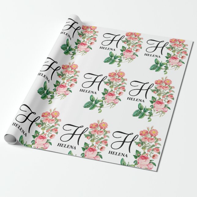 Vintage Blommigt Botaniskt anpassat monogram Presentpapper (Utrullad)