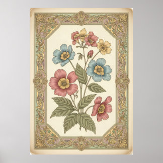 Vintage Blommigt Botaniskt Poster i Retro Pastel