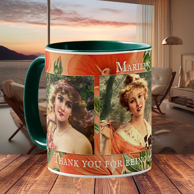 Vintage Blommigt Bridesmaid Tack Photo Mugg (Bridesmaid Thank You wedding favor mug featuring custom photos on a painting of orange flowers)