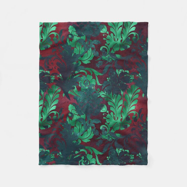 Vintage Blommigt Bright Burgundy Emerald Grönt Fleecefilt (Framsidan)