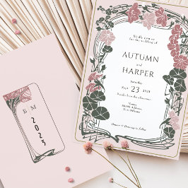 Vintage Blommigt Bröllop Dusty Ro Sage Inbjudningar