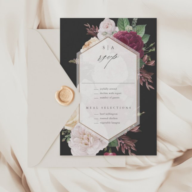 Vintage Blommigt Bröllop OSA Kort (Vintage Floral Bouquet Black Wedding RSVP Cards.)