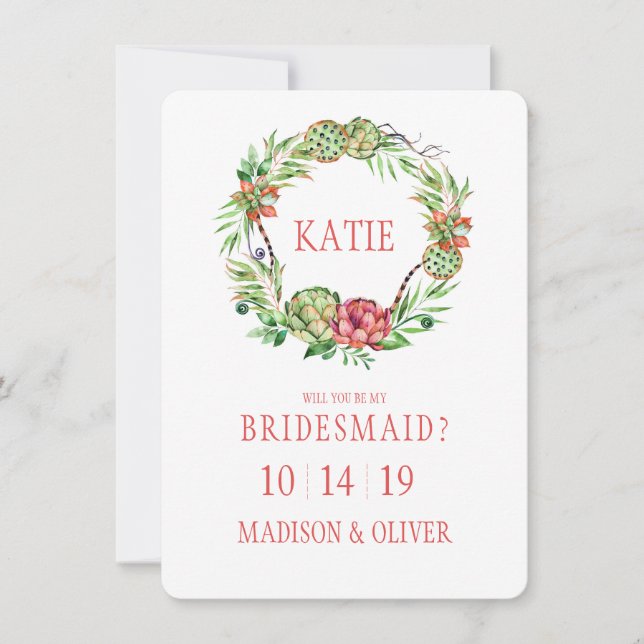 Vintage Blommigt Bröllop Succulent | Bridesmaid Inbjudningar (Framsida)