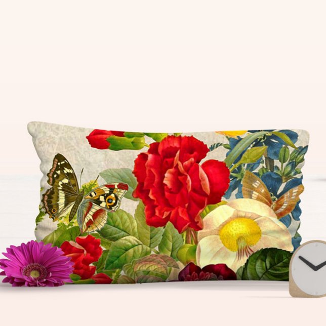 Vintage Blommigt Bukett med rosor Butterflies Lumbarkudde (Vintage Floral Rose Bouquet Butterflies Lumbar Pillow)
