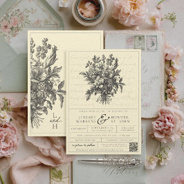 Vintage Blommigt Butter Gult QR Christian Bröllop Inbjudningar