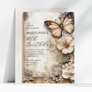 Vintage Blommigt Butterfly 70:e födelsedagen Inbjudningar