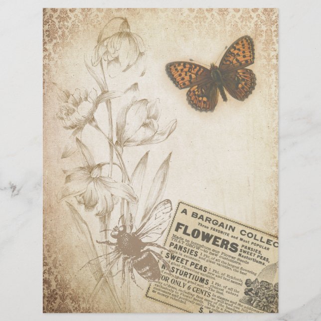 Vintage Blommigt Butterfly Scrapbook Ephemera (Framsida)