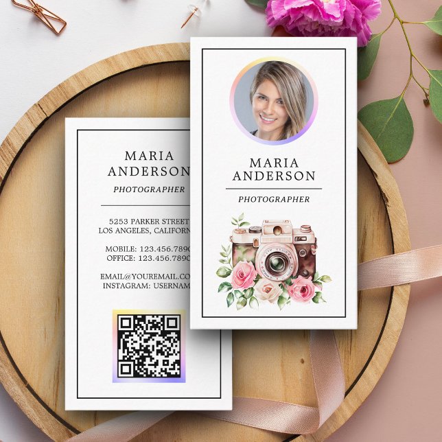 Vintage Blommigt Camera Photo QR-kodfotograf Visitkort (Skapare uppladdad)