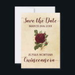 Vintage Blommigt Champagne Burgundy Ro Quinceanera Spara Datumet<br><div class="desc">Spara datumkortet för Quinceanera firande. Den här designen har en vintage champagnebakgrund med en ro-korsning i burgunrött och guld. Spara datum och Quinceanera skrivs i handskript, medan ditt viktiga datum och namn kan skrivas ut i versaltypografi. Kortets baksida har samma strålande, antika stil bakgrund. Bläddra i vår butik för att...</div>