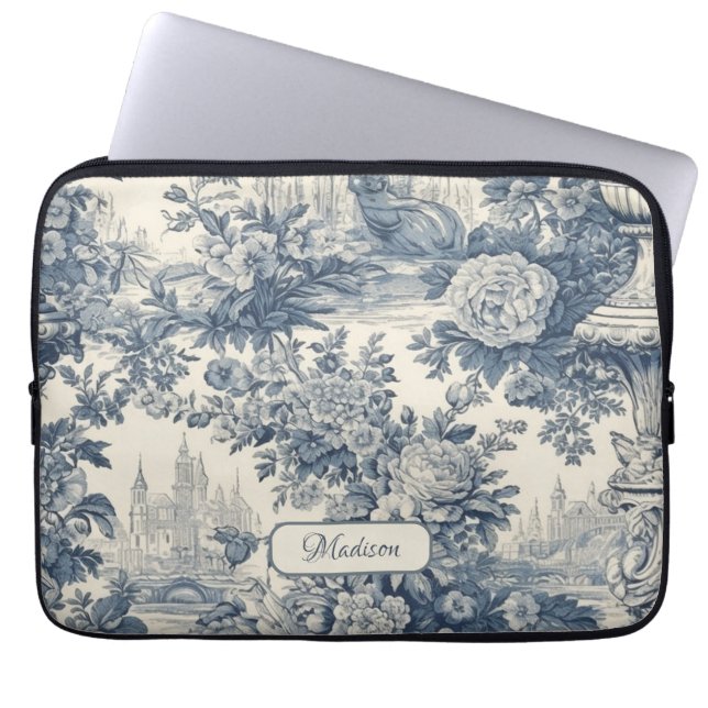 Vintage blommigt chic Blue toile de jouy monogram Laptop Fodral (Framsidan)
