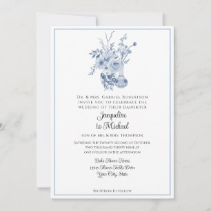 Vintage Blommigt Chinoiserie White och Blue Bröllo Inbjudningar