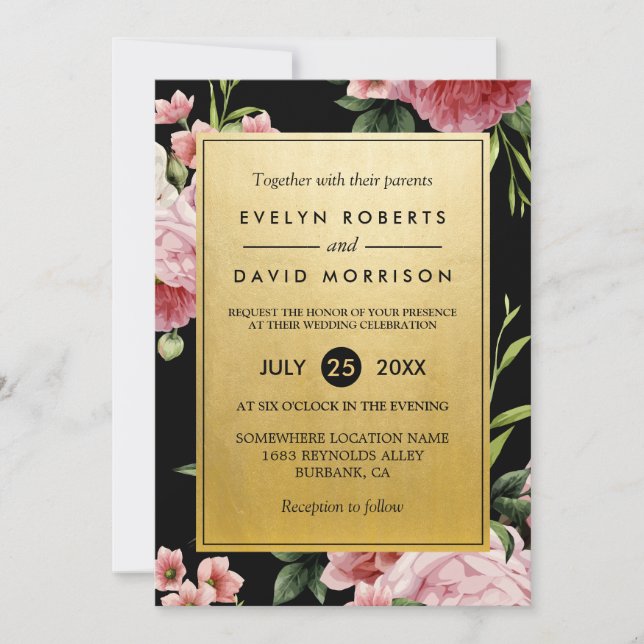 Vintage Blommigt Classy Golden Formal bröllopsinbj Inbjudningar (Framsida)