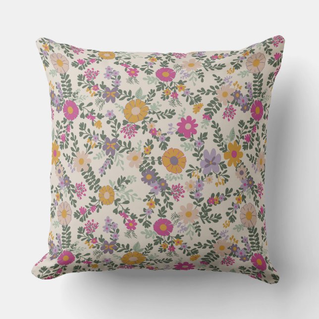 Vintage Blommigt Cushion - Färgfull botanisk dekor Kudde (Framsida)