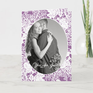 Vintage Blommigt Damask bröllopsfoto med två sidor Inbjudan