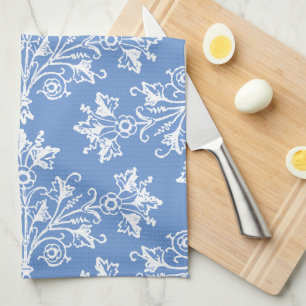 Vintage Blommigt Damask White och Cornblomma Blue Kökshandduk