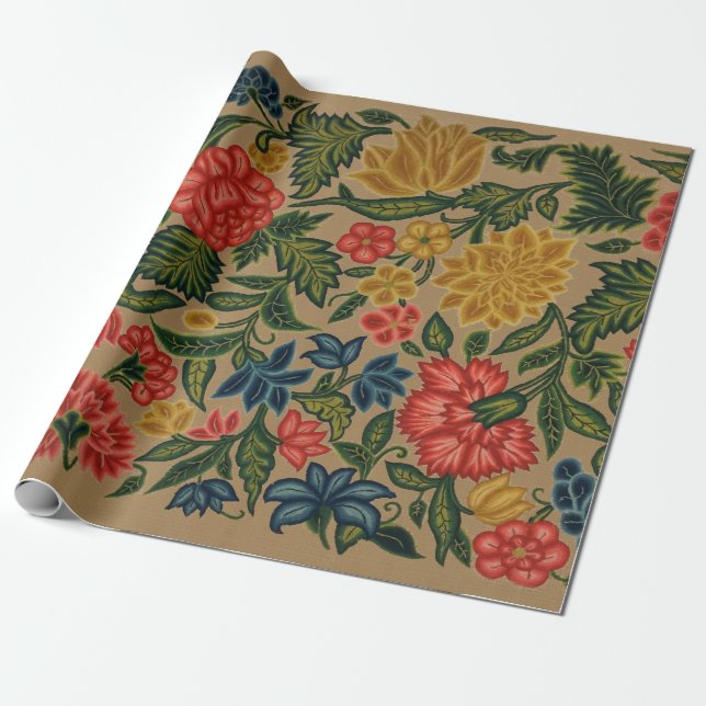 Vintage Blommigt Designer Garden Artwork Presentpapper (Utrullad)