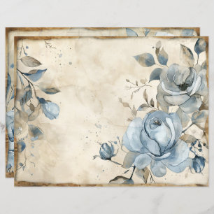 Vintage Blommigt Dusty Blue Ro Scrapbook Papper