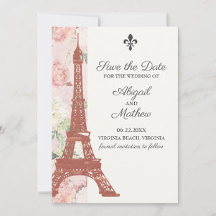 Vintage Blommigt Eiffel Torn Paris Rosa Bröllop Spara Datumet