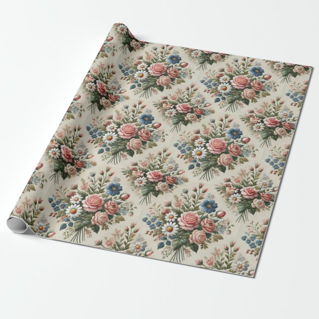 Vintage Blommigt Embroidery-Inspired Pappra Mönste Presentpapper (Utrullad)