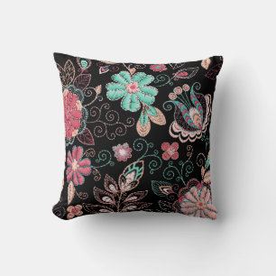Vintage Blommigt Embroidery Mörk Mönster Kudde