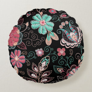 Vintage Blommigt Embroidery Mörk Mönster Rund Kudde