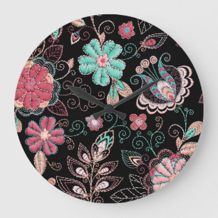 Vintage Blommigt Embroidery Mörk Mönster Stor Klocka