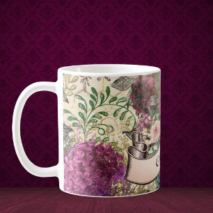 Vintage Blommigt Ephemera med Rosa Ribbon Monogram Kaffemugg