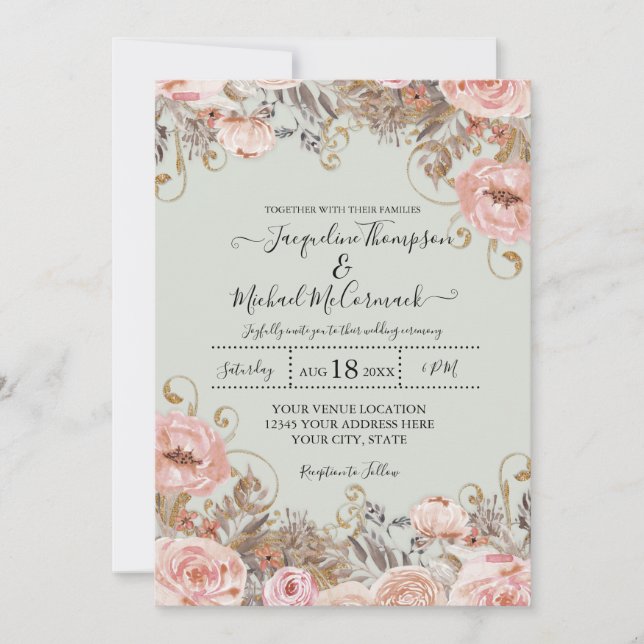 Vintage Blommigt Foliage Rosa Guld Boho Bröllop Inbjudningar (Framsida)