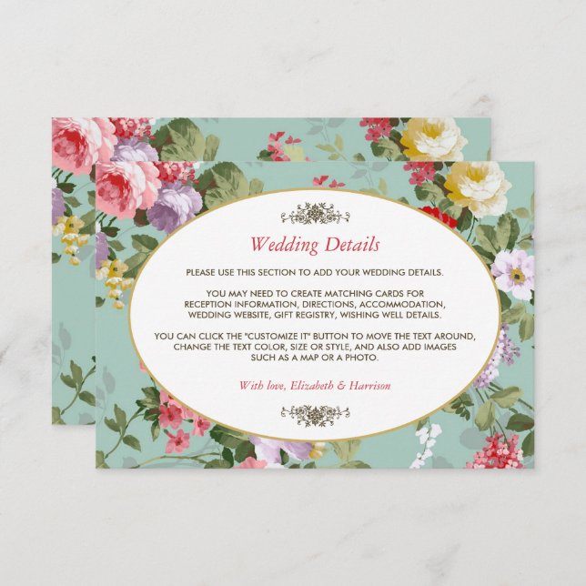 Vintage Blommigt Garden Botanical Bröllop Detail Tilläggskort (Fram/baksida)