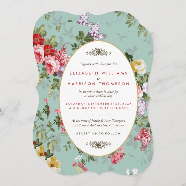 Vintage Blommigt Garden Botanical Bröllop Inbjudningar (Fram/baksida)