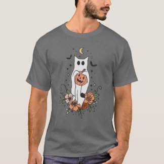 Vintage Blommigt Ghost Cat Halloween Graphic T Shirt