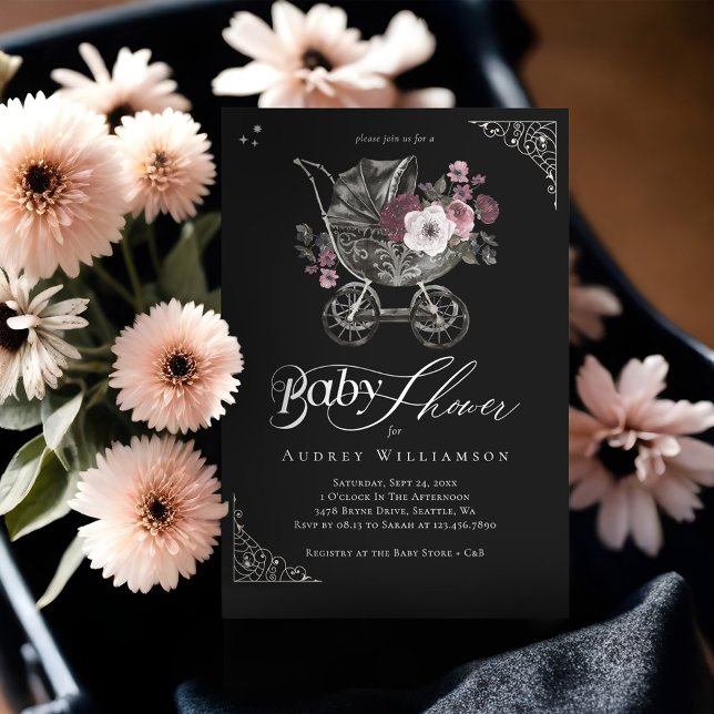 Vintage Blommigt Gothic Barnvagn Spooky Baby Showe Inbjudningar (Vintage Floral Gothic Stroller Spooky Baby Shower Invitation (Front))