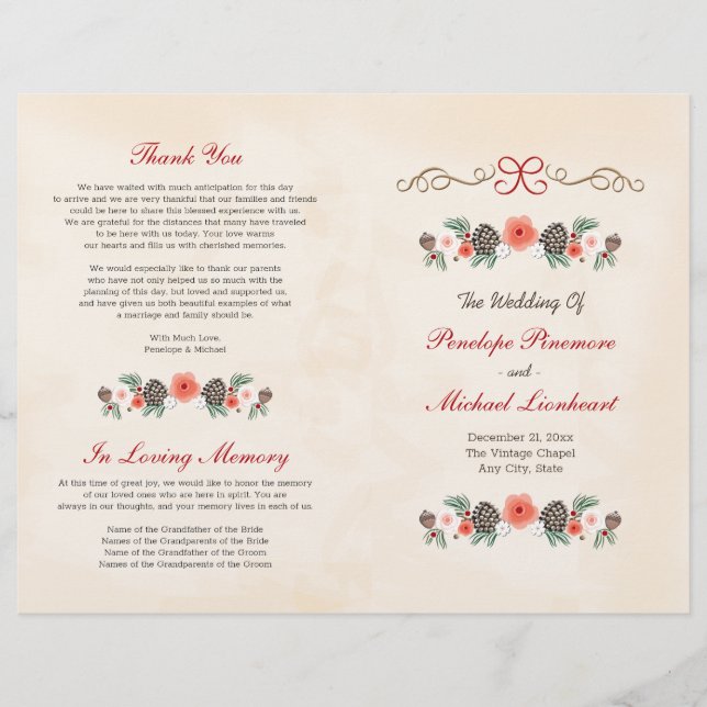 Vintage Blommigt Gräs Bröllopsprogrammet jul (Framsida)