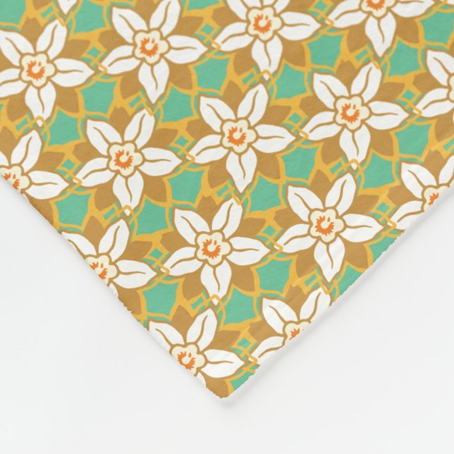 Vintage Blommigt grönt och gult Jonquil mönster Fleecefilt (Hörn)