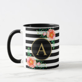 Vintage Blommigt Guld Monogram Black White Stripe Mugg