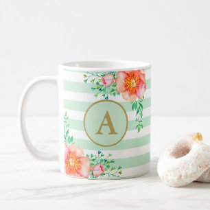 Vintage Blommigt Guld Monogram Mint White Stripe Kaffemugg