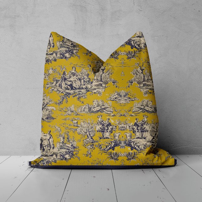 Vintage blommigt gult sjö toile de jouy kudde (Skapare uppladdad)