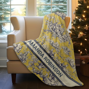 Vintage blommigt gult sjö toile de jouy monogram fleecefilt