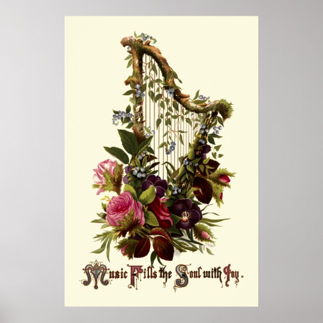Vintage Blommigt Harp Music Poster (Framsidan)