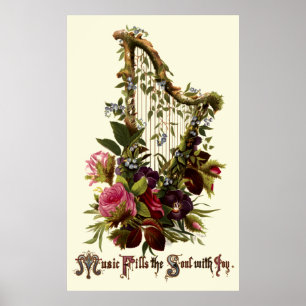 Vintage Blommigt Harp Music Poster