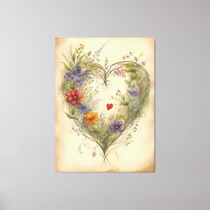 Vintage Blommigt Heart Canvastryck
