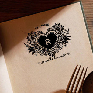 Vintage Blommigt Hjärtmonogram Ex libris Självfärgande Stämpel