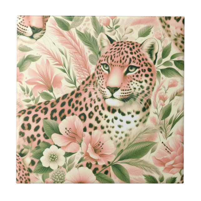 Vintage Blommigt Jungle Leopard Kakelplatta (Framsidan)