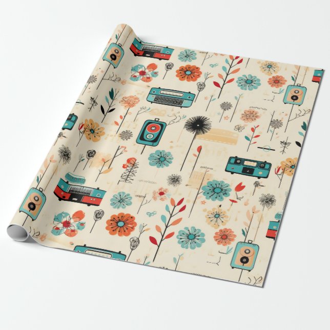 Vintage Blommigt & Kamera Mönster (2) Presentpapper (Utrullad)