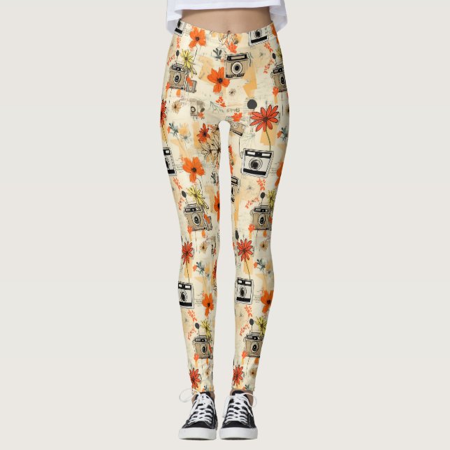 Vintage Blommigt & Kamera Mönster (5) Leggings (Framsida)