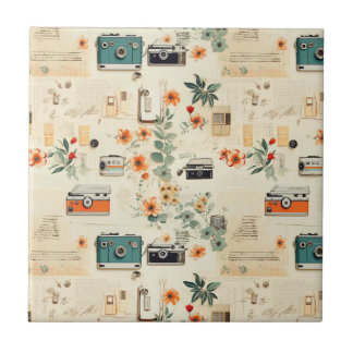 Vintage Blommigt & Kamera Mönster (6) Kakelplatta