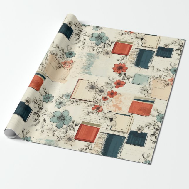 Vintage Blommigt & Kamera Mönster (7) Presentpapper (Utrullad)