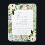 Vintage Blommigt Kärlek Travels Bröllop Magnet<br><div class="desc">Charming Blue and grönt vintage karta med vita boho-blommor och en romantisk "kärlek reser runt i världen"-citat på en kylskåp som fungerar som ett målbröllop eller resetema, förutom datum eller bröllopsförmån, perfekt för ett par som har rest runt tillsammans för att arbeta eller för roligt, har en bröllop utomlands eller...</div>